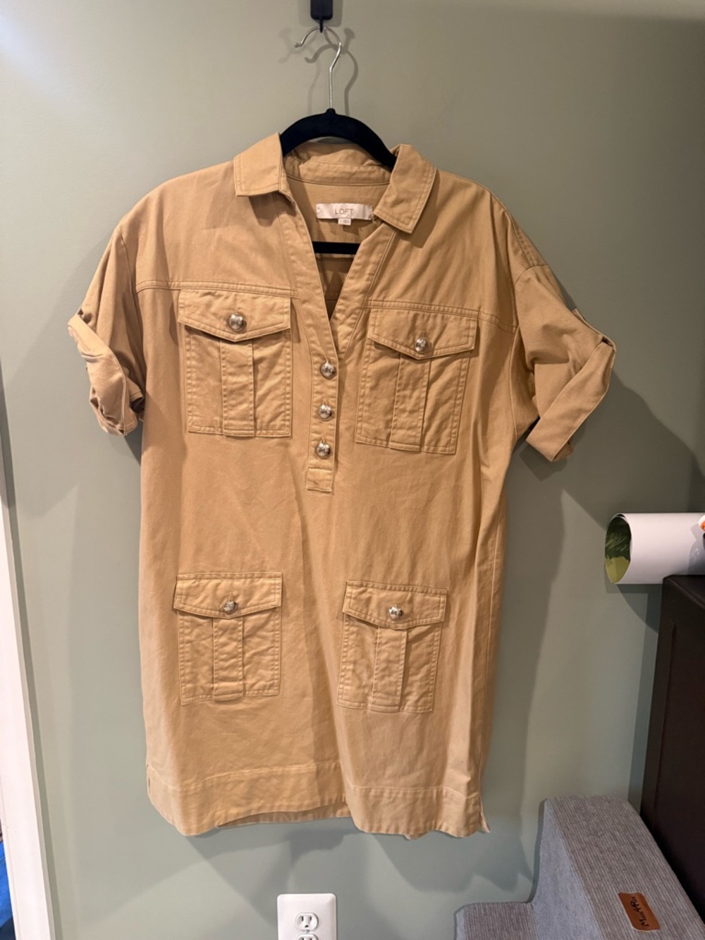 LOFT Khaki Button-Front Utility Mini Dress